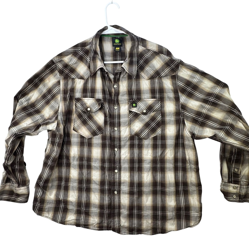 John Deere Western Pearl Snap Shirt Mens XXL Brown Plaid Long Sleeve Workwear